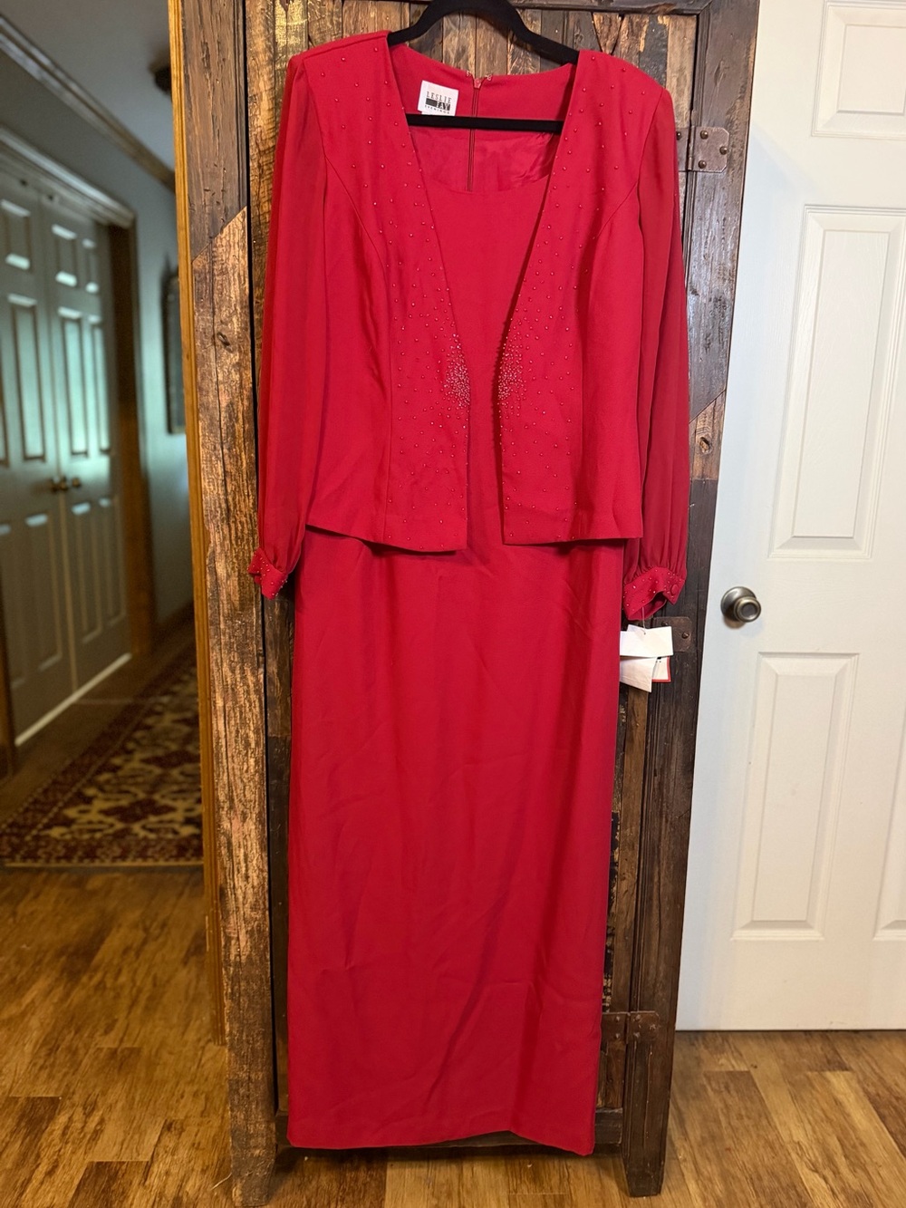 Vintage Leslie Fay Evenings Red Beaded Maxi Dress Jacket 2 Pc Set Size 12 modest